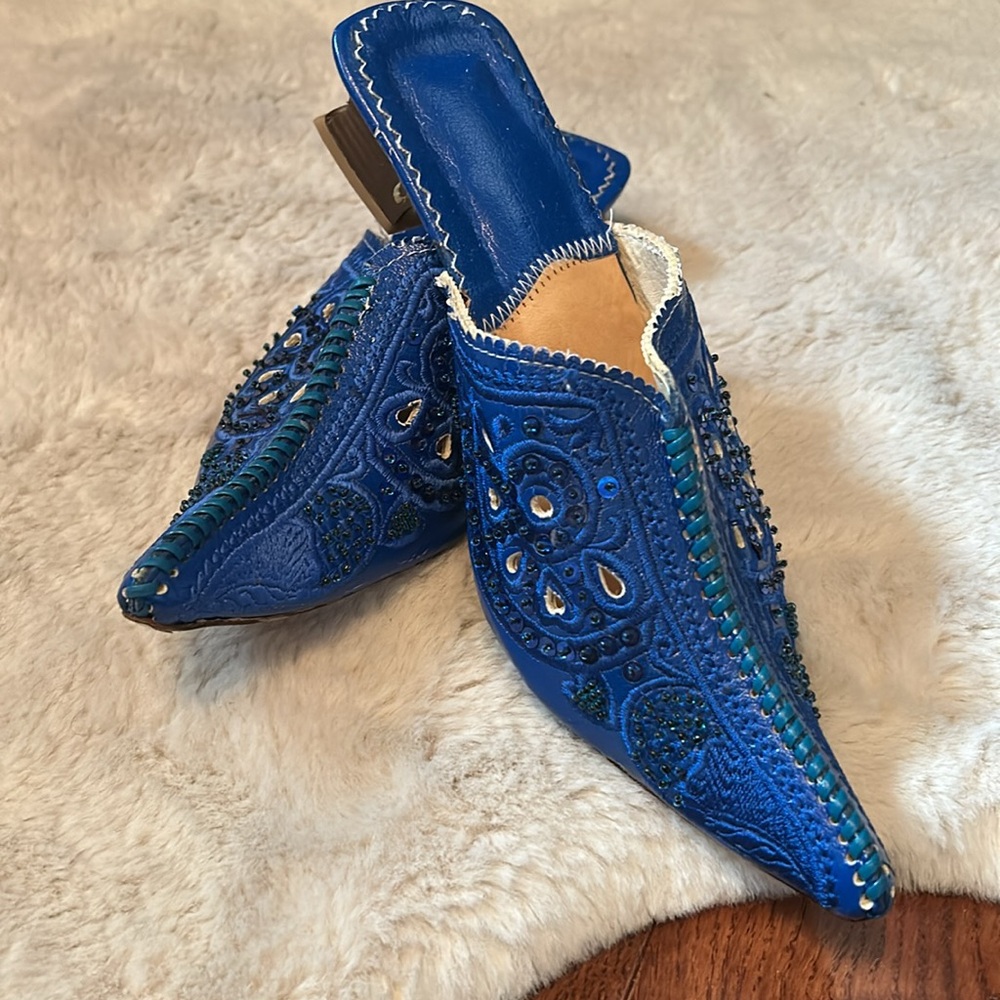 Handmade Blue Leather Bejewelled Slip On Mule